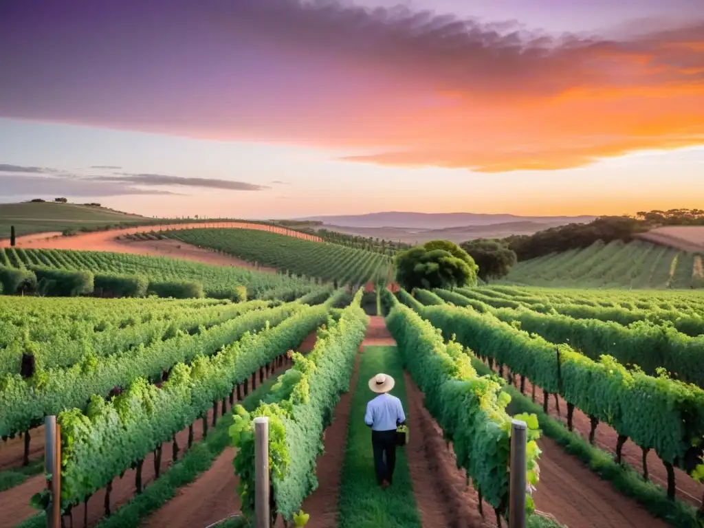 Viticultura uruguaya: guía completa en la imagen de un viñedo al atardecer, con un viticultor inspeccionando las uvas maduras