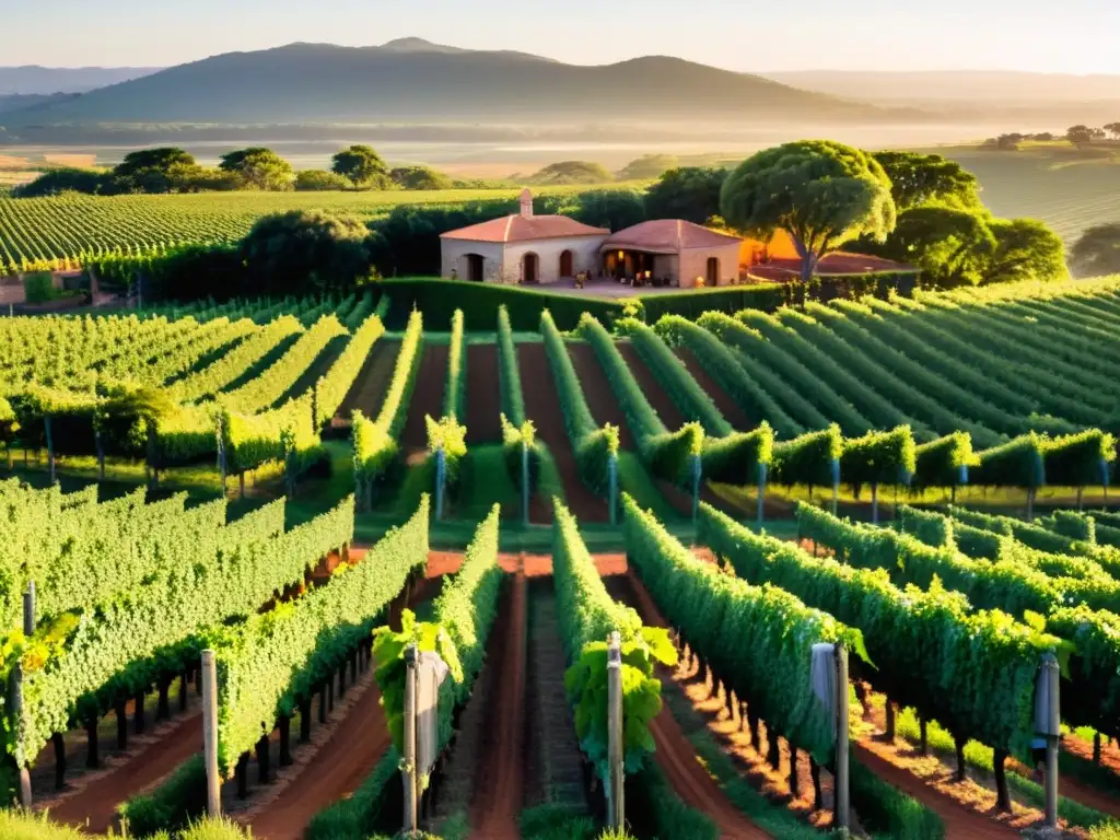 Viticultura uruguaya: guía completa en una imagen, viñedos dorados al atardecer, trabajadores recolectando uvas frescas y bodegas rústicas