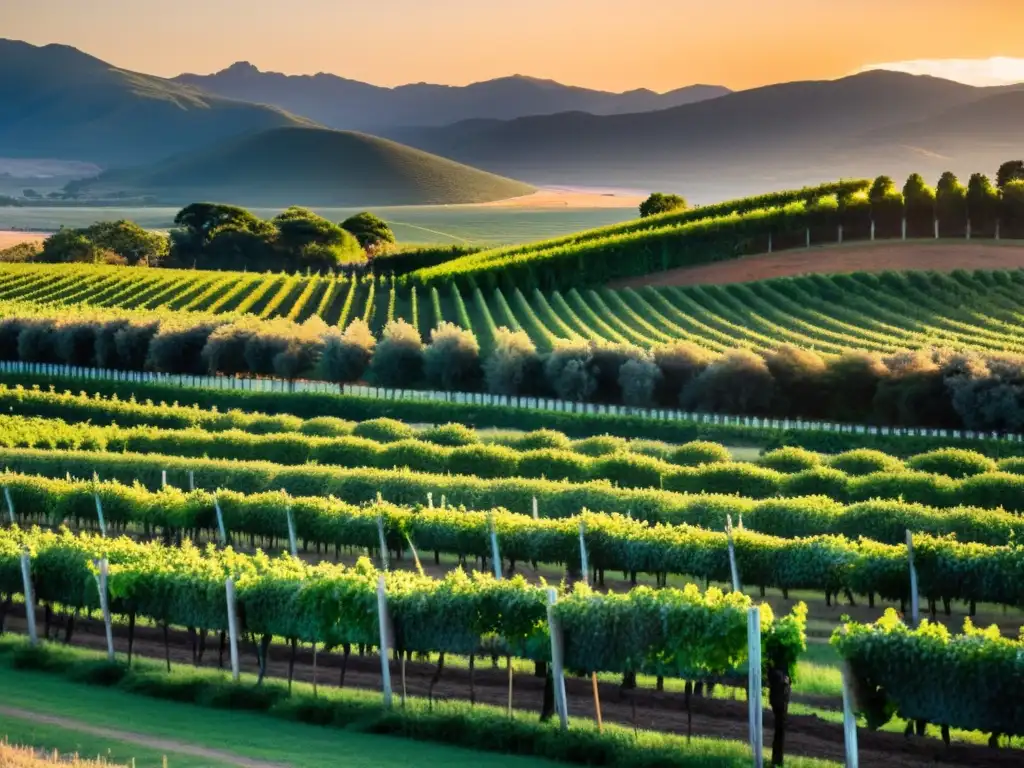 Viticultura uruguaya: guía completa, revelando un panorama del atardecer dorado entre viñedos y trabajadores dedicados