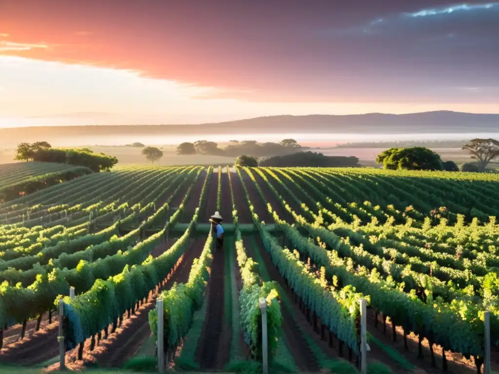 Viticultura uruguaya: guía completa en una panorámica de viñedos al atardecer, con vides cargadas de uvas Tannat y un agricultor listo para la cosecha