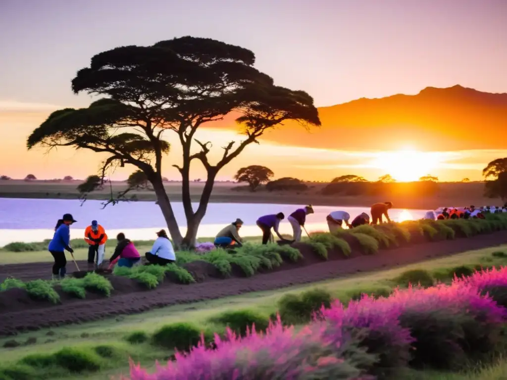 'Voluntariado en el turismo uruguayo, plantando árboles en un sublime paisaje al atardecer, lleno de colores vibrantes'