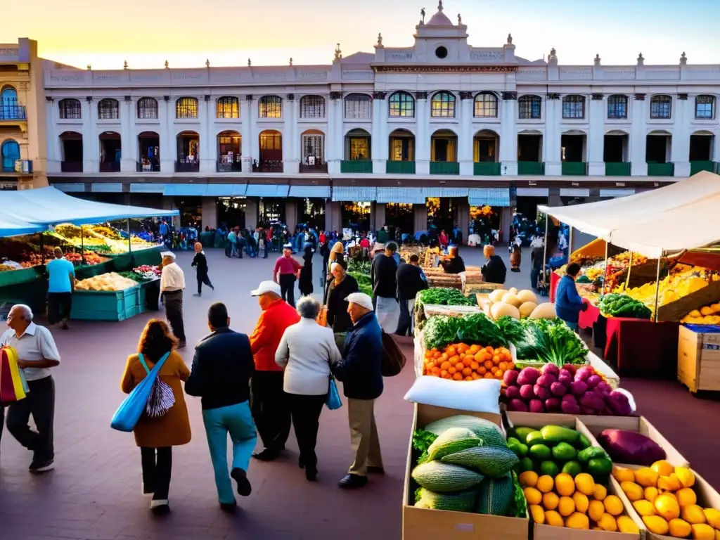 Voluntariado en el turismo uruguayo, mostrando la calidez y energía del bullicioso mercado de Montevideo al atardecer