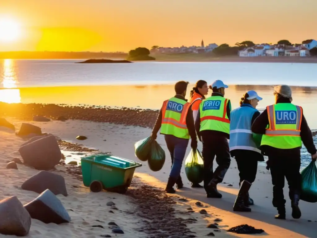 Voluntariado en el turismo uruguayo: diverso grupo recogiendo basura en la playa, bajo el dorado atardecer del Río de la Plata