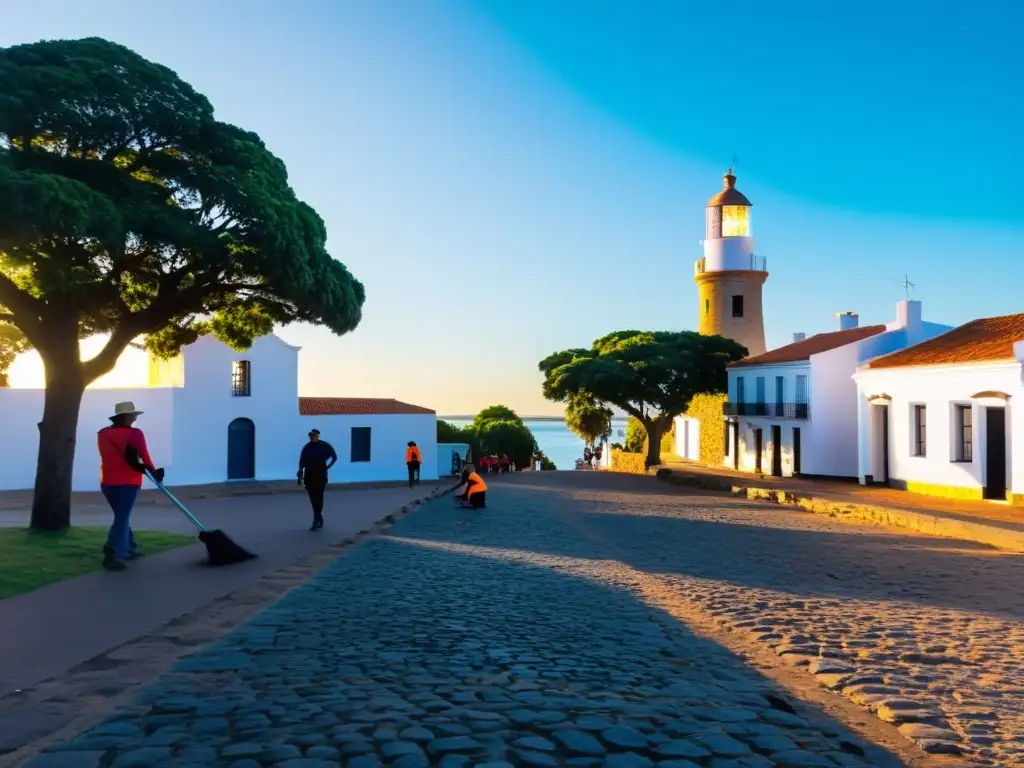 Voluntariado en el turismo uruguayo, limpiando y restaurando la histórica Colonia del Sacramento al amanecer dorado