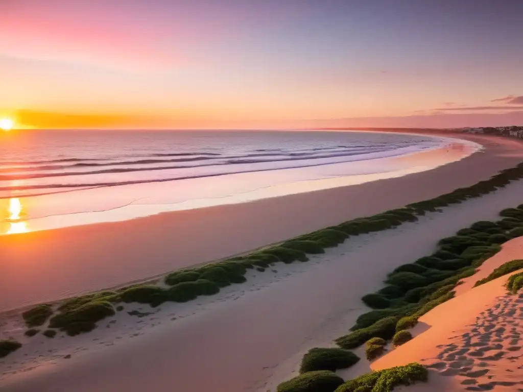 Voluntariado en el turismo uruguayo, limpiando una playa al atardecer, bajo un cielo rosado y naranja