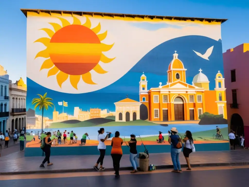 Voluntarios en Montevideo, Uruguay, bajo el atardecer dorado, participan en turismo sostenible, pintando murales y plantando árboles