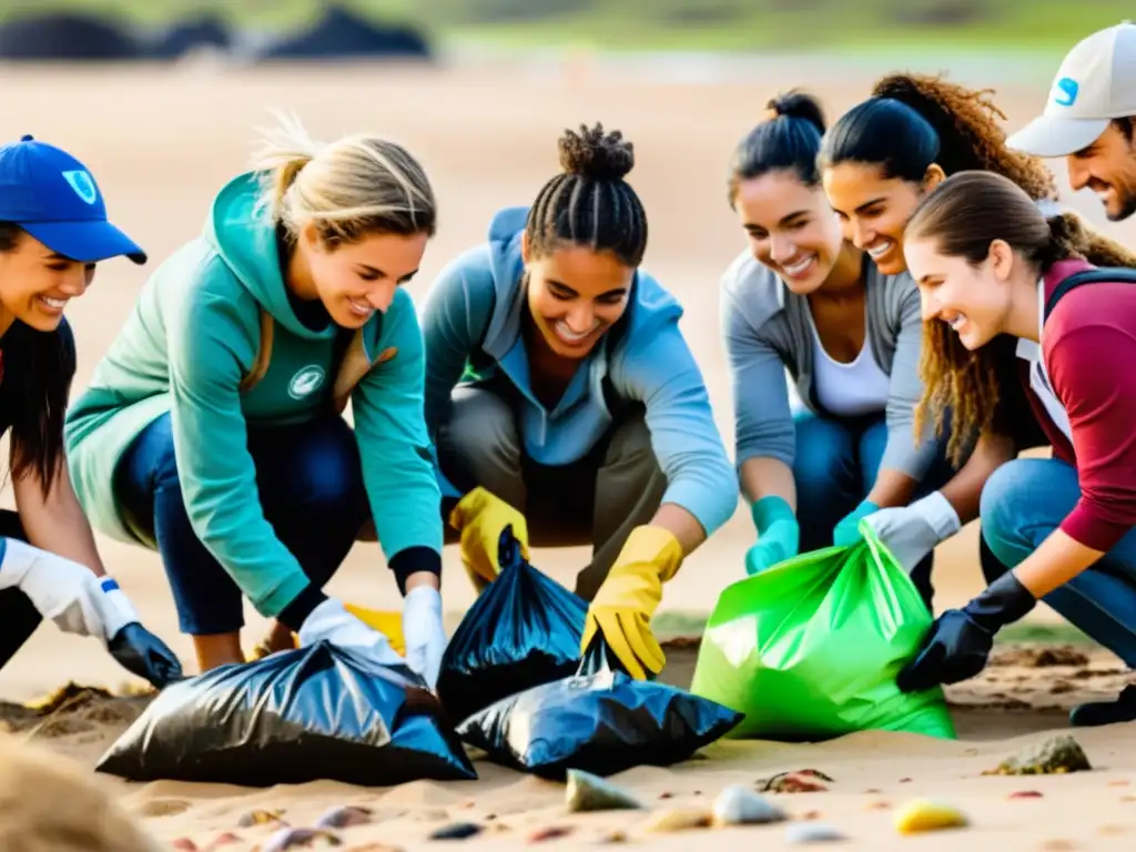 Voluntarios de diversas edades y etnias en Uruguay, unidos en turismo sostenible, limpiando con orgullo sus playas