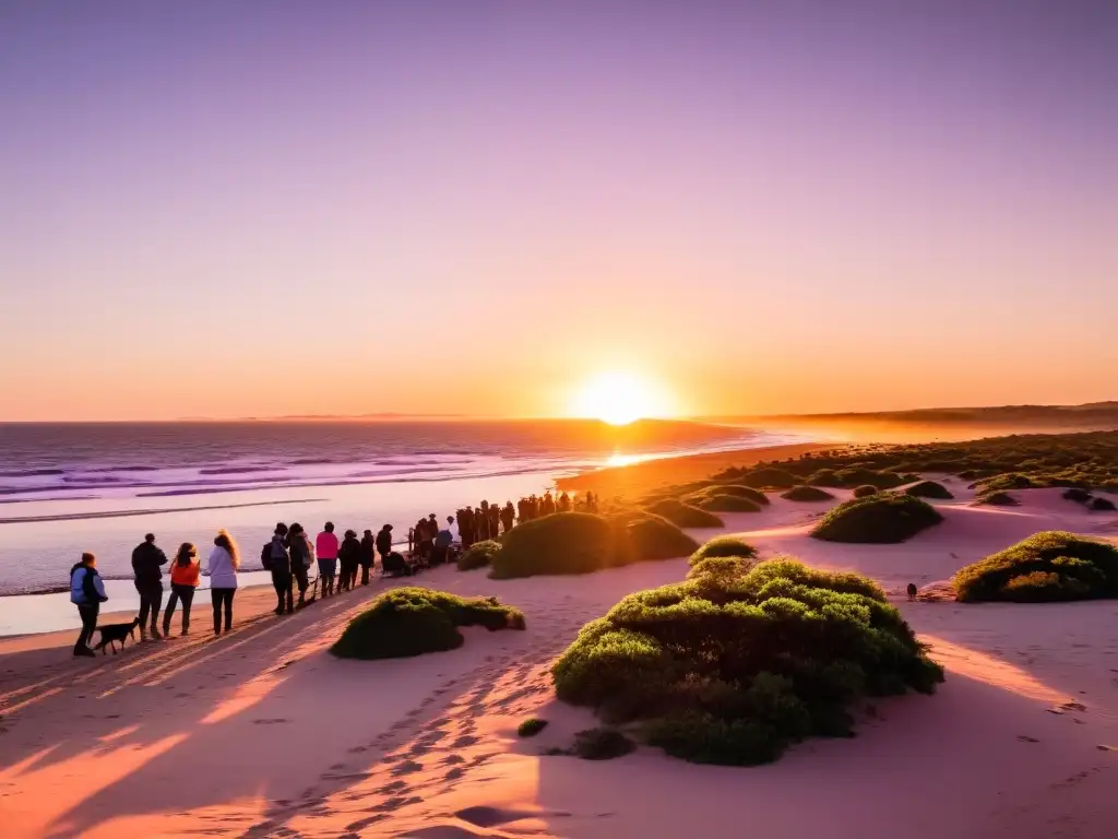 Voluntarios de turismo sostenible en Uruguay trabajando al atardecer, enmarcados por la belleza natural y patrimonios locales