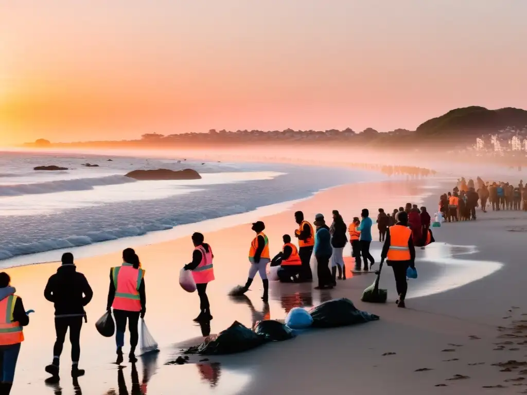 Voluntarios en turismo sostenible en Uruguay, limpiando una prístina playa al amanecer, bajo un cielo rosado y naranja