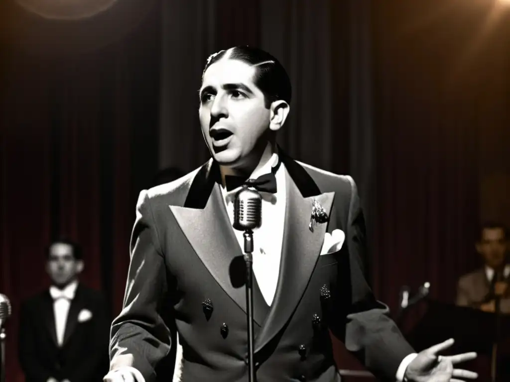 Carlos Gardel, voz del tango que resonó desde Uruguay, canta apasionadamente en un escenario sombrío de los años 20