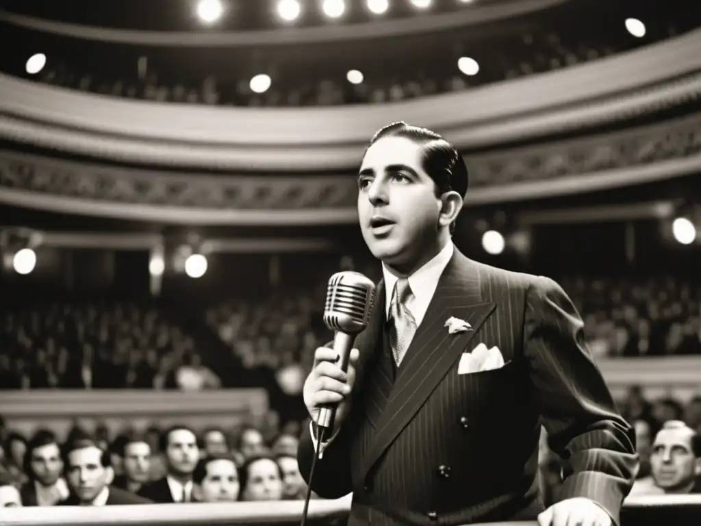 Carlos Gardel, la voz del tango que resonó desde Uruguay al mundo, apasionado en su performance en un teatro grandioso