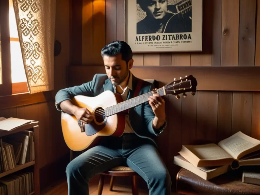 Alfredo Zitarrosa, uno de los compositores música uruguaya influentes, toca con pasión su guitarra vintage en una habitación rústica